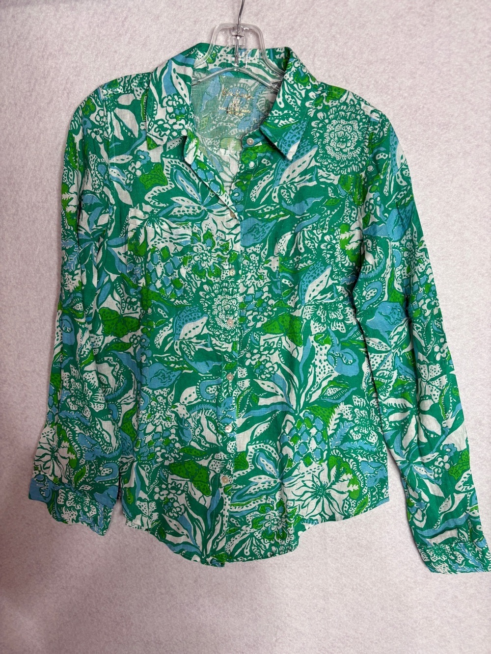 Lilly Pulitzer Women’s Green Floral Button-Up Shirt 100% Linen